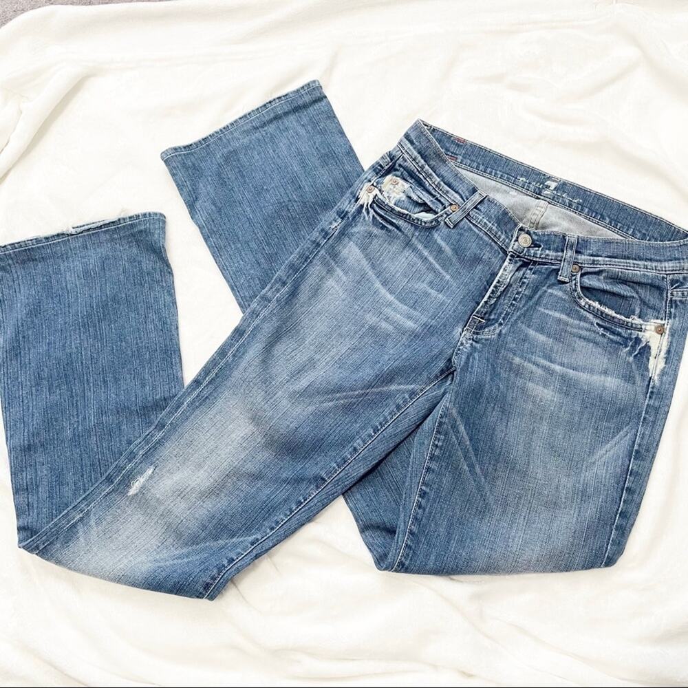 7 for all mankind bootcut jeans blue denim rhinestone distressed size 28 7FAM